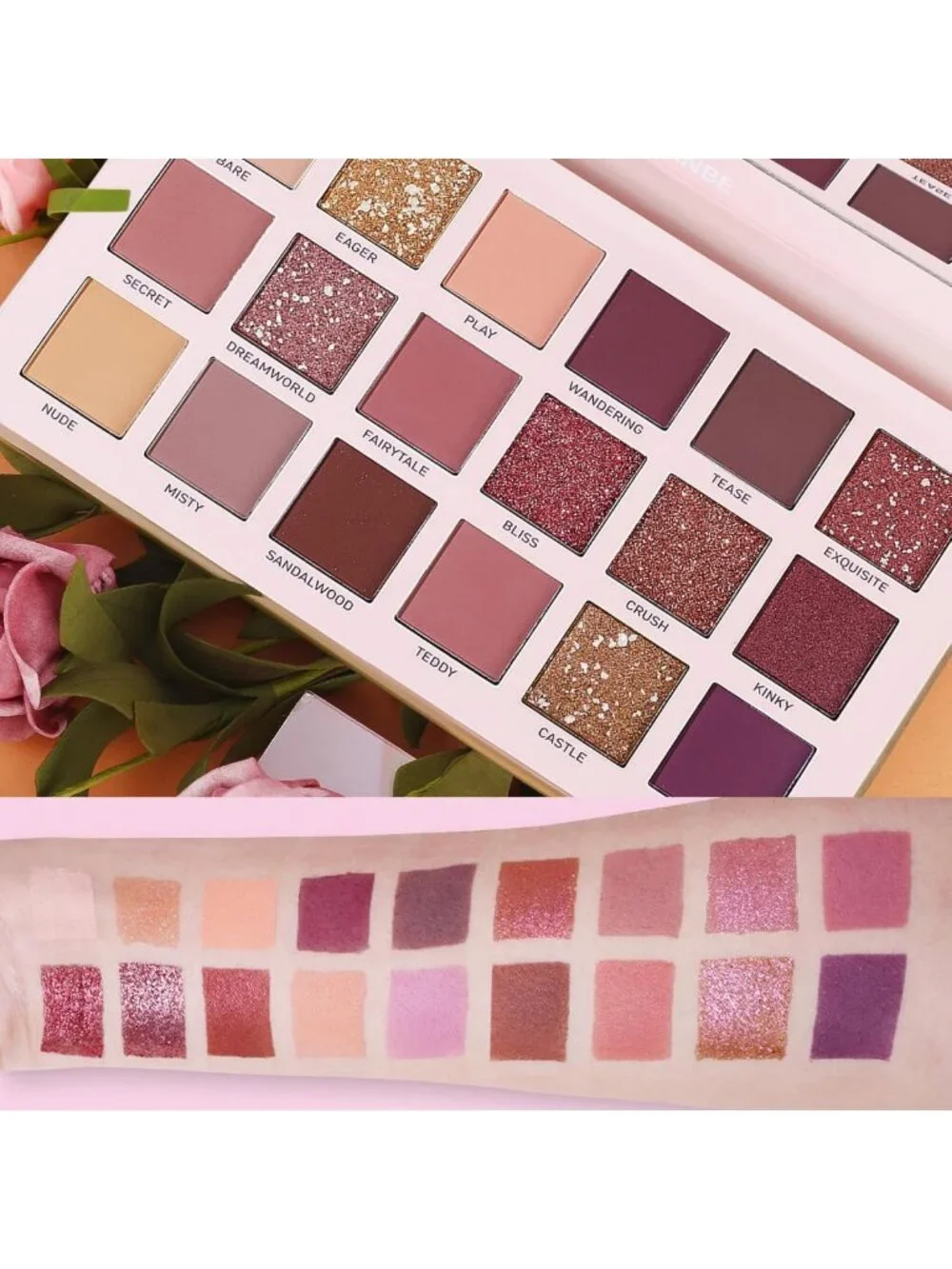 18 Color Nude Eyeshadow Palette + 7 Soft Brushes & Pink Cosmetic Bag Set for